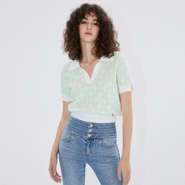 polo领短袖短款上衣女士针织衫
