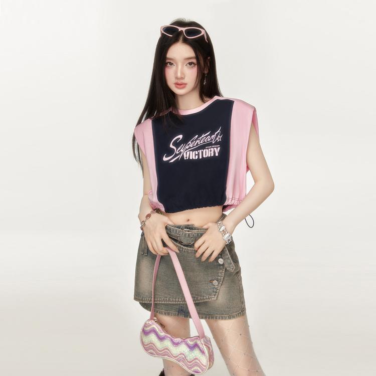 无袖背心女夏季美式复古垫肩设计感短款纯棉圆领小T恤