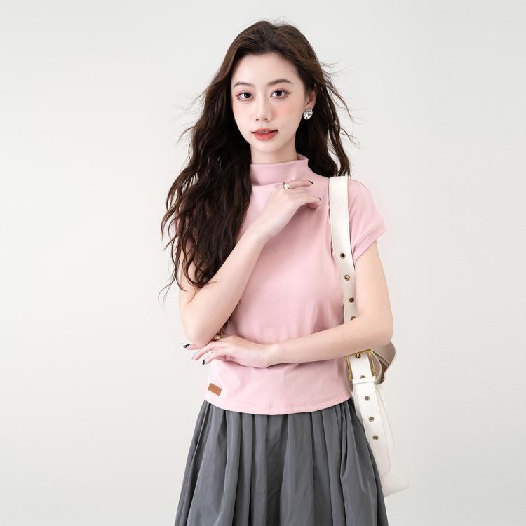 【半高领小飞袖修身女式t恤】春季款上衣女内搭打底衫
