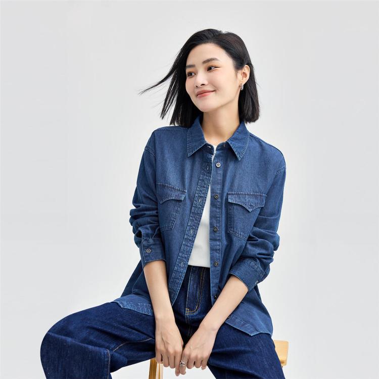 【牛仔休闲】春季纯棉牛仔双口袋长袖牛仔衬衫女士