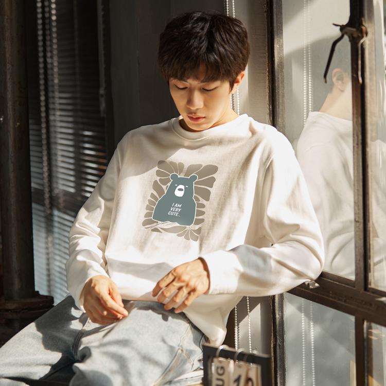 2025春款男士t恤长袖纯棉休闲T恤男士圆领前片印花长袖T恤