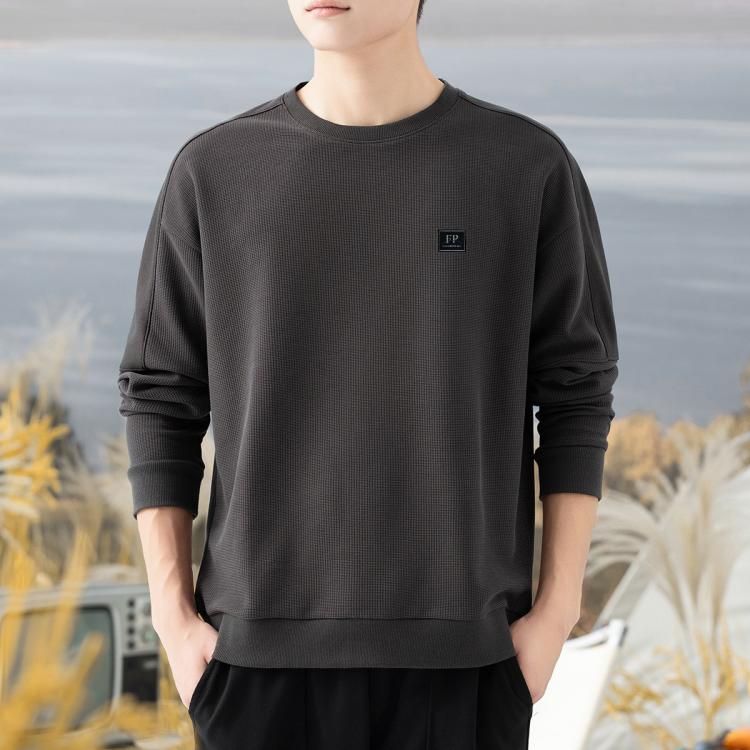 圆领卫衣长袖时尚华夫格针织卫衣简约百搭套头衫男