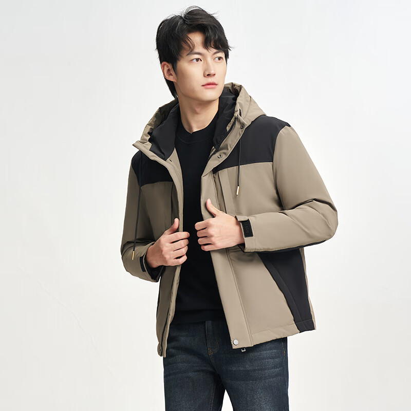 才子（TRIES）男士羽绒服秋冬外套抽绳连帽个性撞色块防风保暖外套厚款上衣