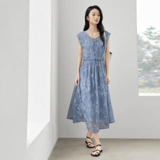 DUIBAI 夏装复古浪漫印花系带圆领高级感优雅收腰长裙女式连衣裙