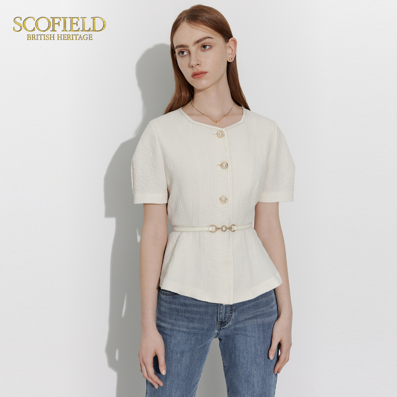 Scofield女装藏青色学院风短袖衬衫女肌理感珍珠扣衬衣