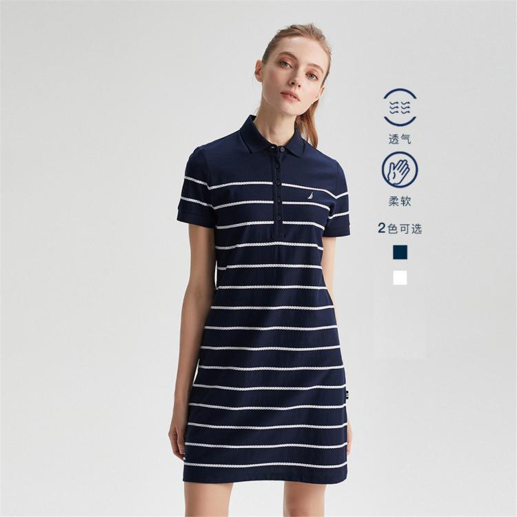 女士夏季条纹翻领纯棉短袖POLO连衣裙11DE01