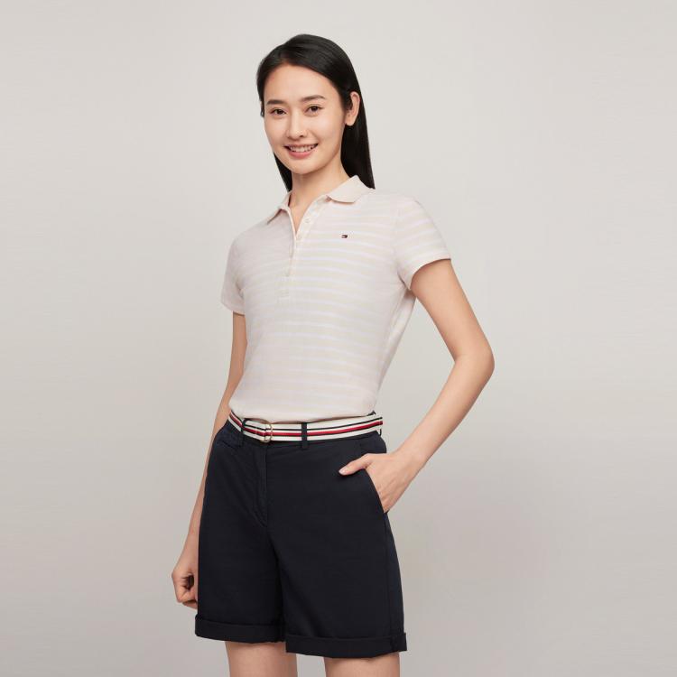 【五粒扣】Tommy Hilfiger夏季女通勤纯色条纹修身短袖POLOJ4863