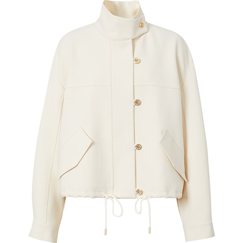 红袖文艺慵懒风衣春季2025新款女装抽绳落肩立领宽松休闲百搭短外套 米010