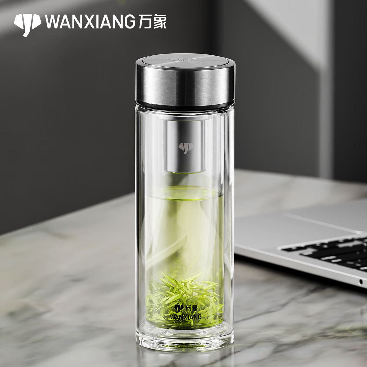 万象双层玻璃杯男士泡茶杯办公商务耐热水杯带滤网大容量高档杯子 V303R-钛银色-双层-370ml