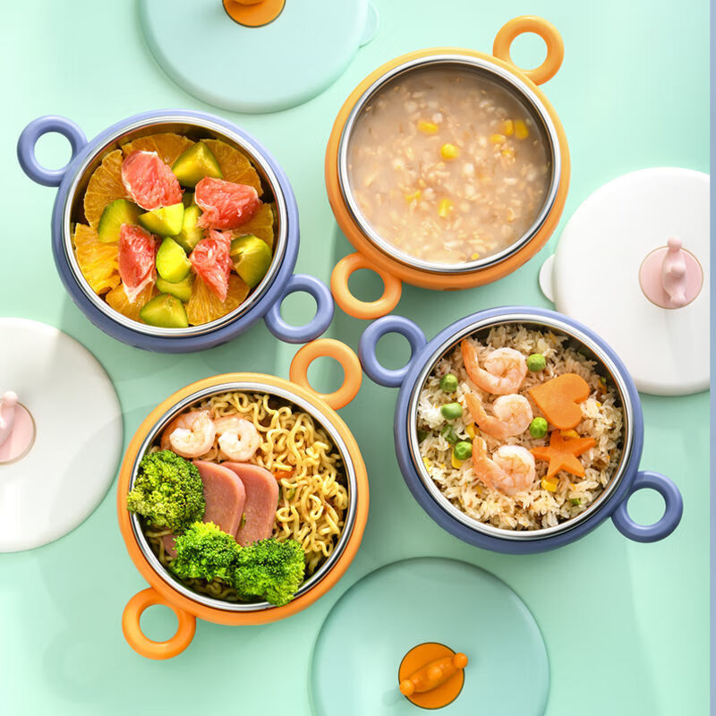 婴儿辅食碗注水保温碗防摔不锈钢宝宝吃饭碗勺子家用儿童餐具套装 云绿色【注水碗】