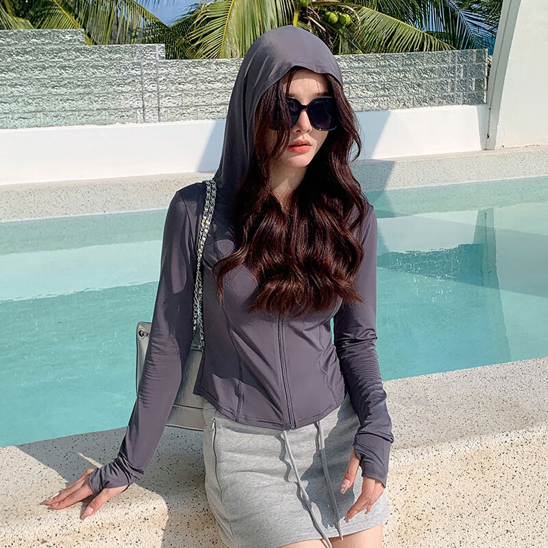 雅鹿冰皮防晒衣女款海边夏季修身防晒服收腰外套连帽 深灰XL