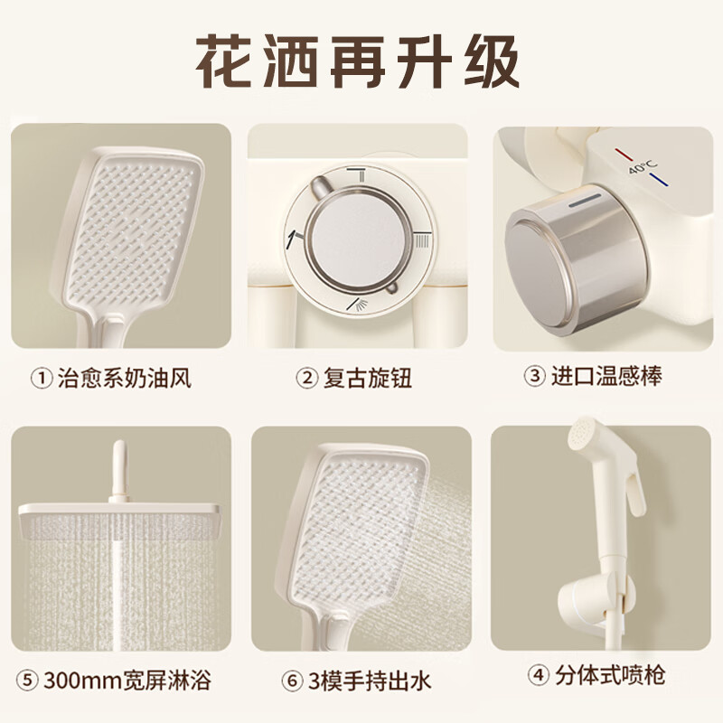 日丰卫浴花洒枪灰色预排零冷水数显恒温淋浴花洒套装 奶白四功能恒温花洒