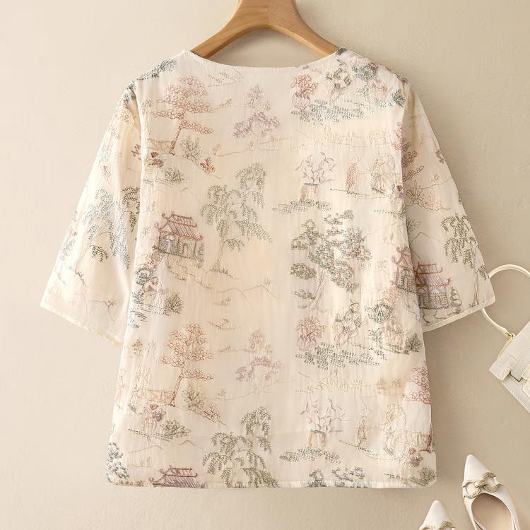 【新中式国风衬衫】2025夏装新女士复古圆领显瘦气质绣花衬衣