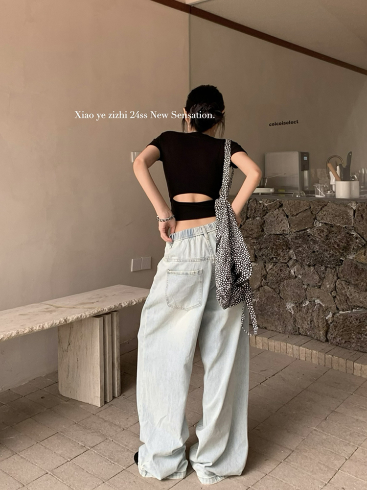 黑色U领露腰短袖T恤女夏季辣妹紧身短款正肩体恤后背镂空低领上衣