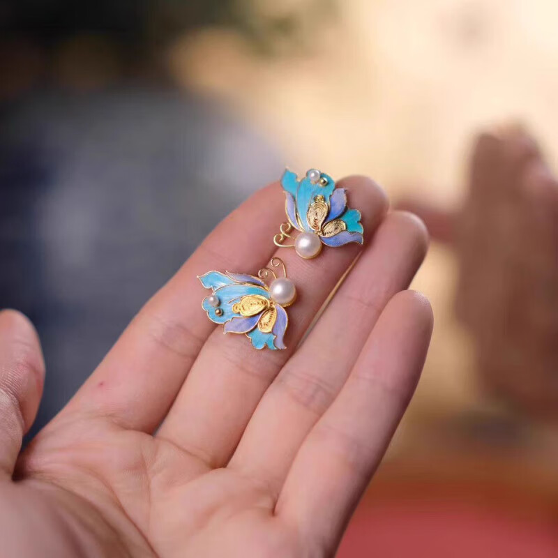 花饰庄园银鎏金花丝珐琅简约蝴蝶耳钉非遗匠心纯手工锻造 蝴蝶耳钉