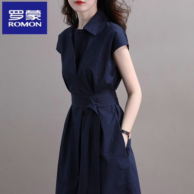罗蒙（ROMON）连衣裙2025新款收腰遮肚显瘦时尚名媛气质法式设计简约小众衬衫裙 藏青色 L 110-120