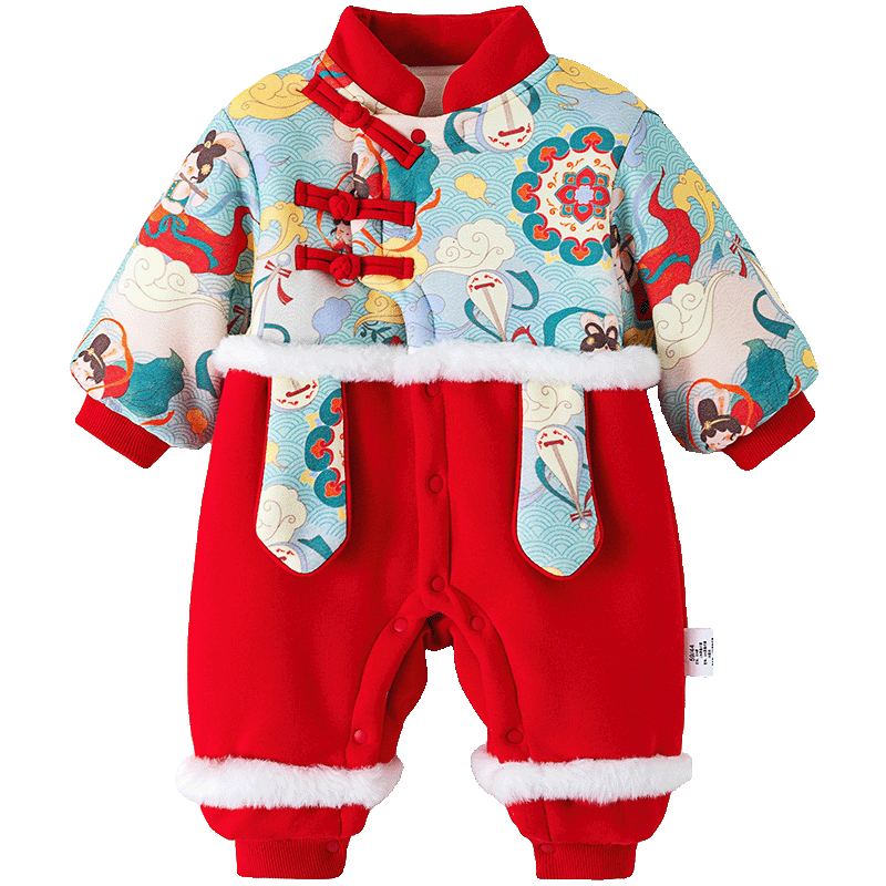 舒贝怡婴儿衣服新生儿连体衣满月服周岁宝宝爬爬服红色哈衣保暖 73CM