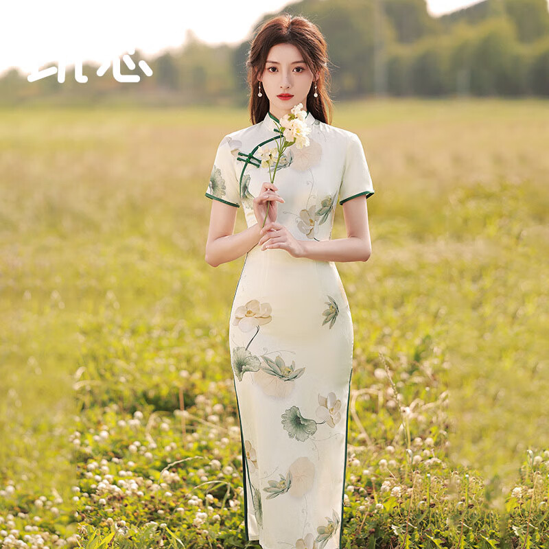 凯恋新中式改良旗袍少女款民国风素雅印花气质优雅短袖长款连衣裙P119 白色 3XL