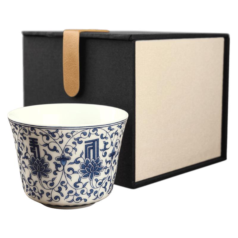 真迹白瓷喝茶杯甜白品茗杯家用单杯陶瓷喝茶器主人杯功夫茶具配件 甜白品茗杯-青花