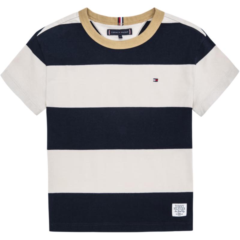 TOMMY HILFIGER汤米童装儿童夏季男女童拼色纹纯棉短袖T恤 蓝色 164 /14【身高158-170cm】