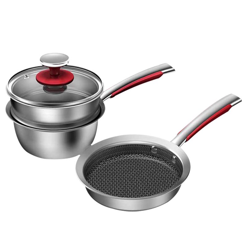 康巴赫316L不锈钢锅具套装婴儿奶锅平底不粘锅宝宝辅食锅套装 316L不锈钢奶锅+煎锅+蒸屉 16cm
