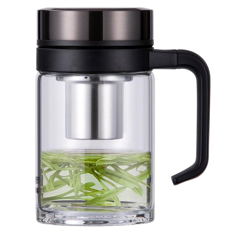 万象单层玻璃杯500ML深胡桃U219大容量商务带茶漏水杯便携手柄泡茶杯