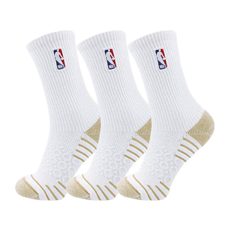 NBA篮球袜男士高筒休闲运动袜铜离子抗菌纱线长筒加厚毛巾底棉袜3双 漂白/铜色*3