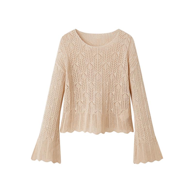 【24年秋冬款】圆领针织衫镂空喇叭袖短款小个子别致毛衣