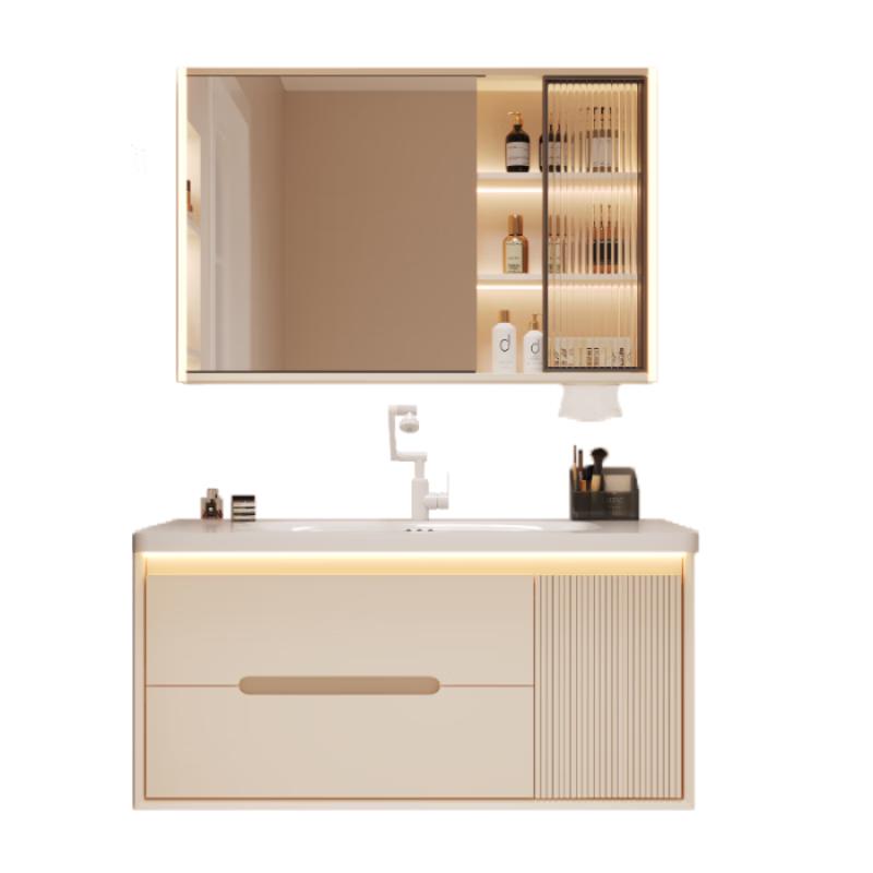 恋派橡木造型门浴室柜陶瓷一体洗手盆柜组合奶油风洗脸盆一体盆 智能美妆镜+陶瓷一体盆 80cm