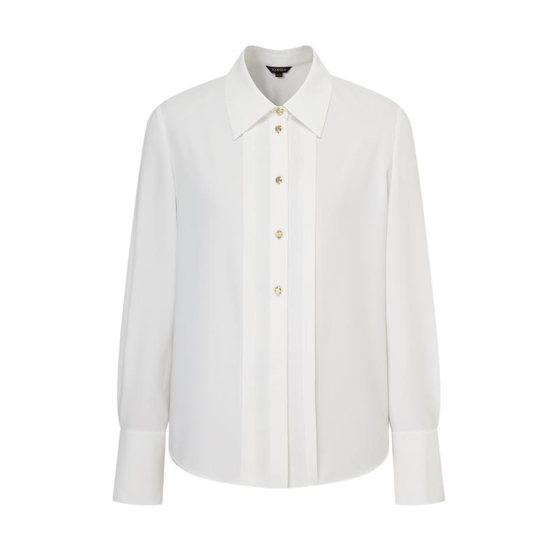 【前襟压褶】简洁翻领衬衫金属扣长袖通勤上衣女春季