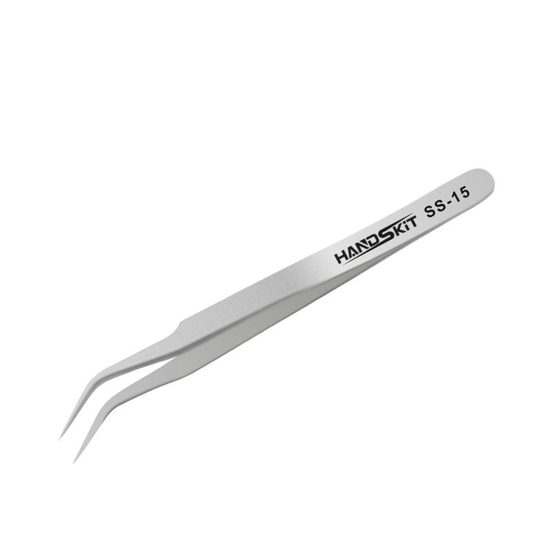HANDSKIT不锈钢镊子加硬长尖手机电脑维修套装拔毛小夹子防静电精密细弯头 不锈钢标准弯头（买3支送收纳盒