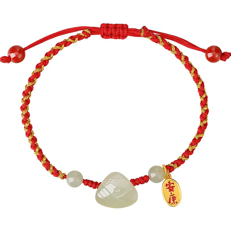 中国黄金珍尚银和田玉粽子红绳纯银手链端午节五彩绳女款毕业