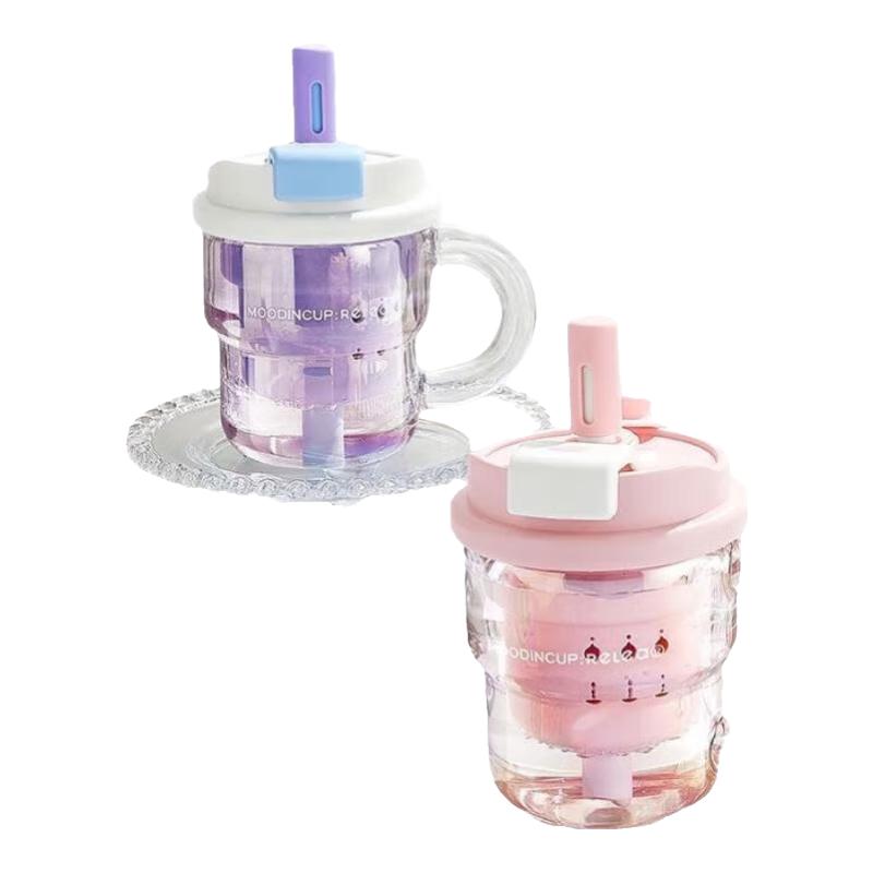 物生物咚咚玻璃杯吸管水杯女生茶水分离杯大容量带把手泡茶杯子 粉色