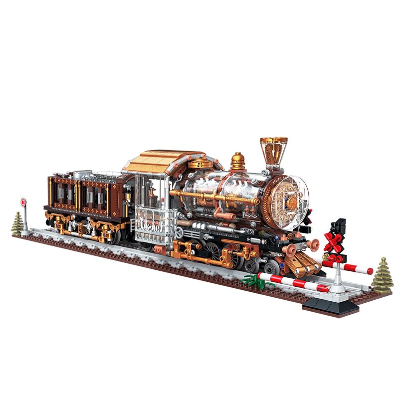 哲高积木拼装蒸汽朋克火车站复古列车模型摆件儿童玩具成人