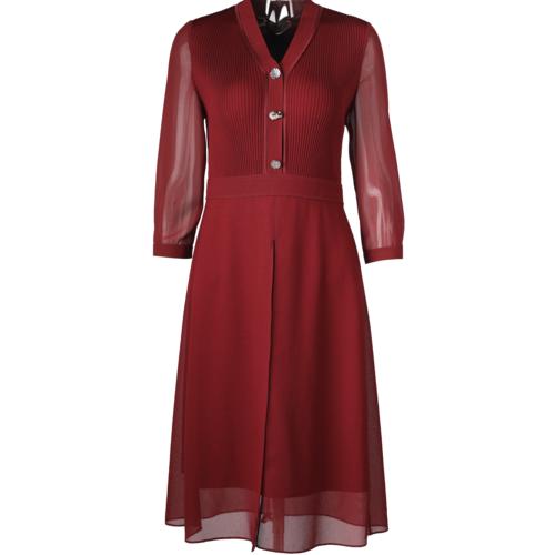 针织拼接A字裙春夏七分袖v领裙婚宴礼服