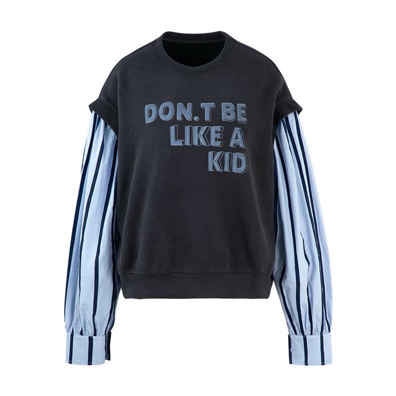 BASIC HOUSE/百家好假两件拼接卫衣女秋季字母印花上衣 藏青色 F