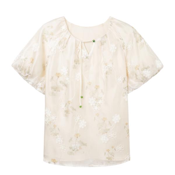 新中式国风雪纺衬衫女夏款泡泡袖减龄气质上衣