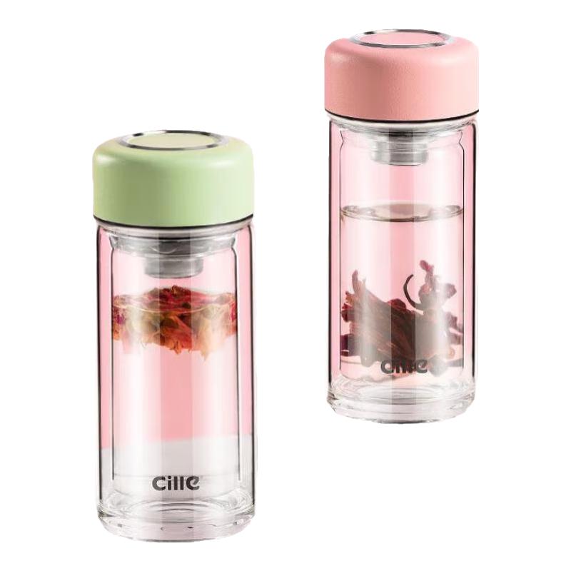 希乐双层防烫玻璃水杯耐高温泡花茶高颜值女款便携可爱迷你小杯子 绿色 230ml