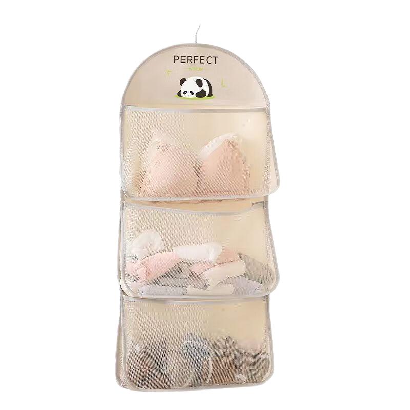 百易特袜子收纳挂袋宿舍衣柜内衣收纳悬挂式网兜置物袋门后整理收纳 灰色熊猫【三层】40*82cm 3个透明挂钩