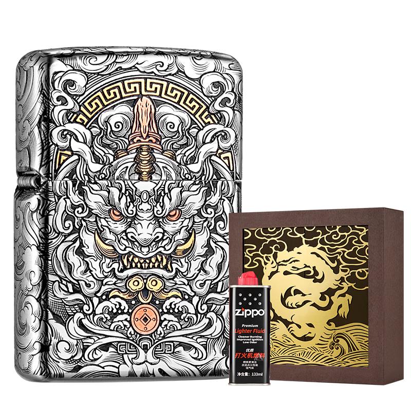 ZIPPO打火机之宝防风煤油 招财进宝-全包徽章特制版 龙纹雕花含油礼盒