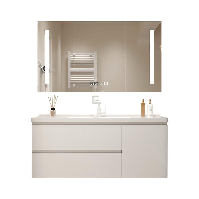 浴美优品实木浴室柜陶瓷一体盆卫生间洗手洗脸盆柜组合洗漱台镜柜奶油风 L16吊柜70cm智能镜柜+陶瓷盆