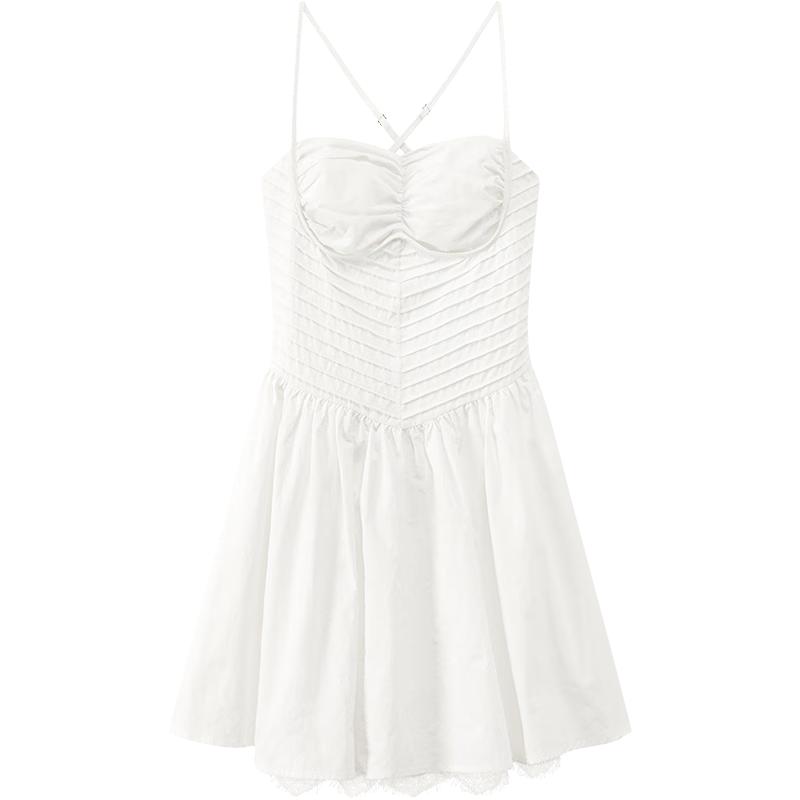 CHUU蕾丝边吊带连衣裙女2025春季褶皱鱼骨露背收腰a字短裙 白色 均码