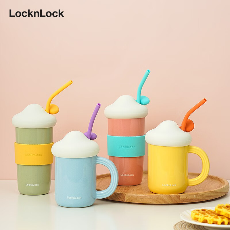 乐扣乐扣（LOCK&LOCK）陶瓷杯带盖马克杯女可爱咖啡杯早餐办公室水杯 粉色【510ml】带吸管