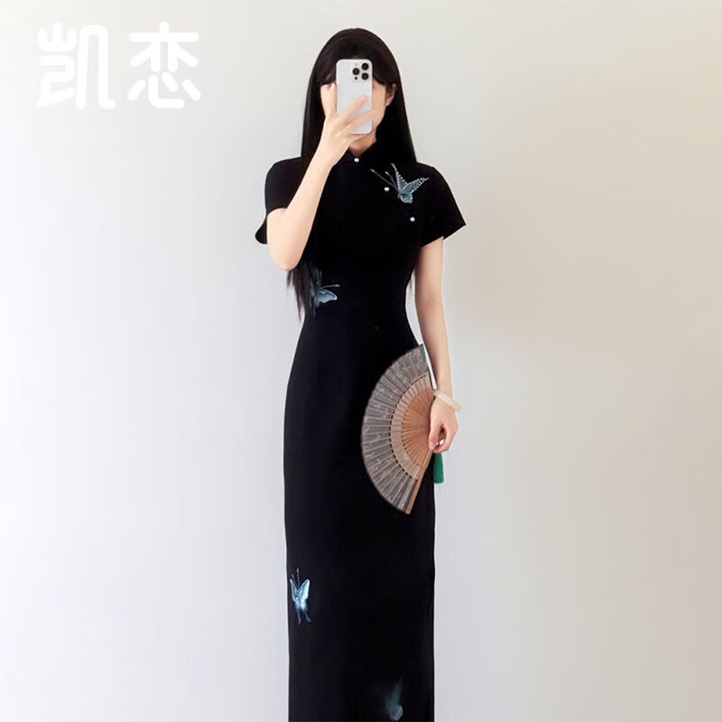 凯恋新中式改良旗袍少女国风蝴蝶刺绣修身气质开叉黑色连衣裙P1383 黑色 2XL