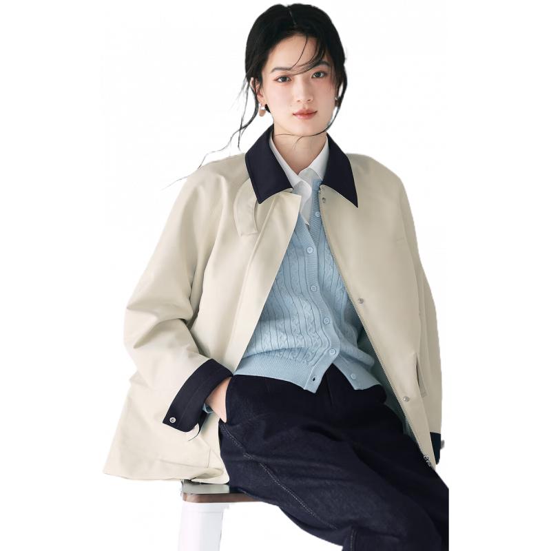伊芙丽（eifini）伊芙丽简约撞色日系卡其设计感小个子短款风衣女外套2025春季新款