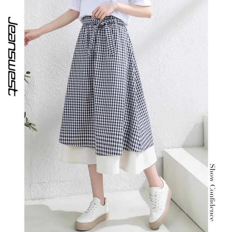 拼接假两件格子半身裙春夏中长裙子气质伞裙大摆裙