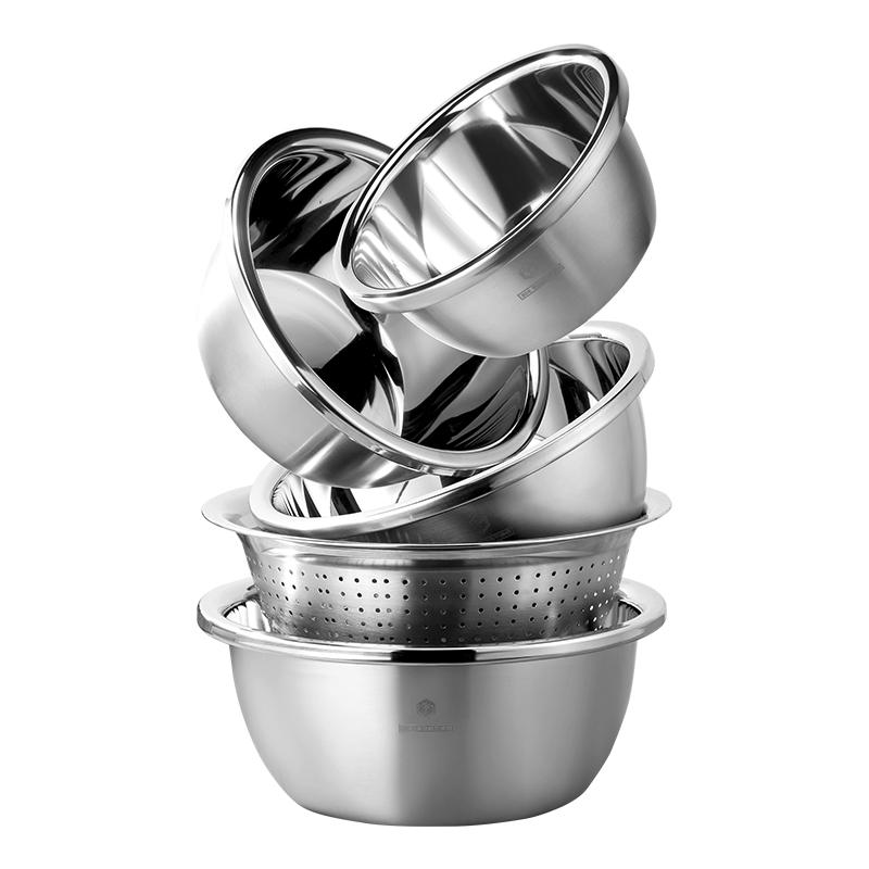 京东京造304不锈钢盆筛五件套 洗菜盆调料和面盆腌肉盆米筛洗菜沥水篮