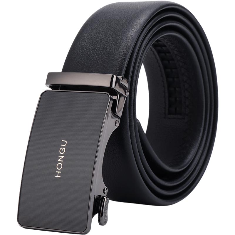 红谷（HONGU）男士皮带2023时尚皮带男头层牛皮男自动扣皮带 漆黑 115