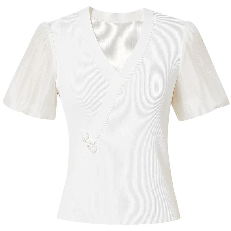 红袖奥莱夏季新款女装新中式盘扣交叉V领套头针织衫 001