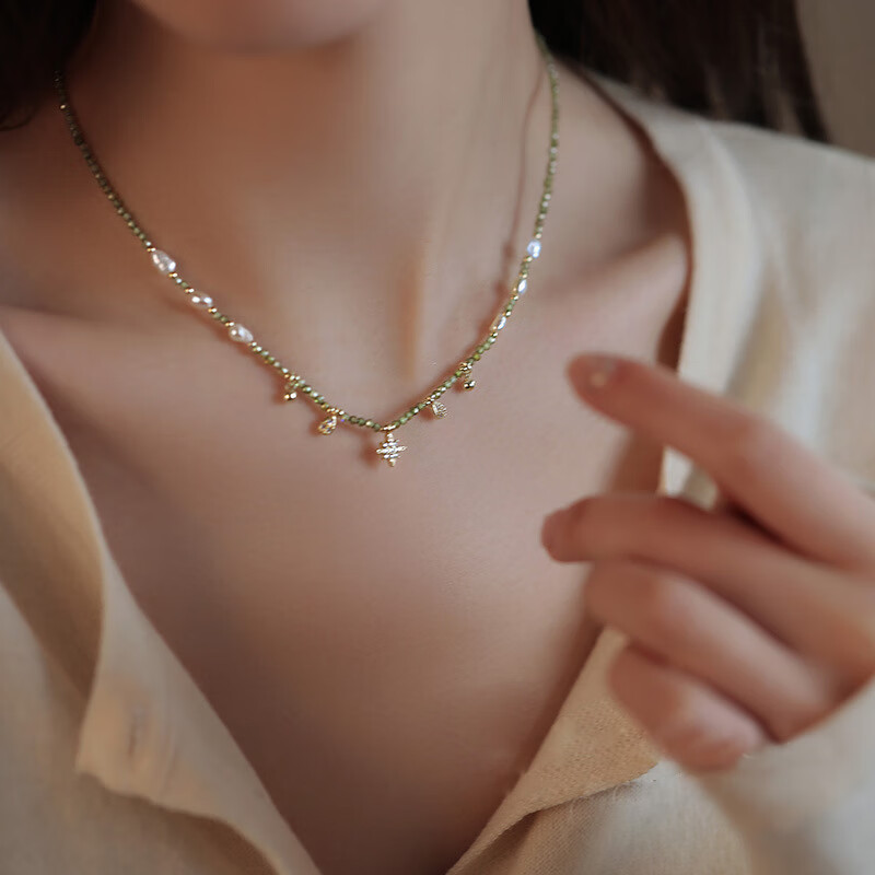 花饰庄园橄榄绿锆石串珠巴洛克淡水珍珠项链女轻奢小众锁骨链颈链饰品 橄榄绿锆石巴洛克淡水珍珠